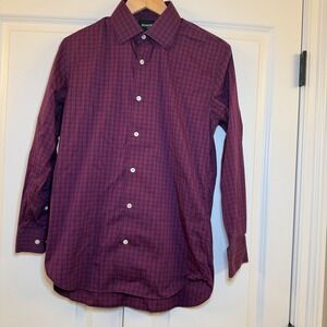 BONOBOS Stretch Slim Fit Burgundy Gingham Dress Shirt Men 15 1/2 32